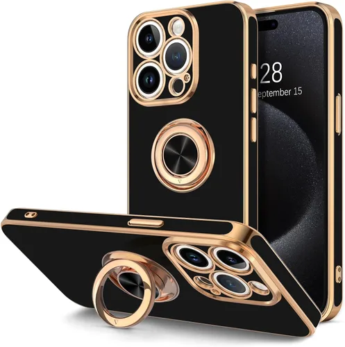 Vista 15 de Hython Funda para iPhone 15 con Soporte de Anillo, Soporte de Anillo Giratorio de 360° Soporte Magnético, Borde Chapado en Oro Rosa Cubierta Suave