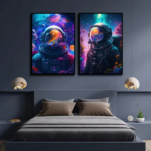 Vista 8 de Arte de pared de astronauta abstracto retro astronauta en el océano, póster colorido y fantástico universo espacial, impresiones de pintura espacial