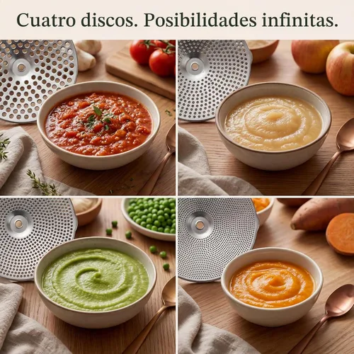 Vista 3 de Molinillo de Alimentos de Acero Inoxidable con 4 Discos Mejorado – Diseño Rotatorio Ergonómico para Salsa de Tomate, Puré de Manzana, Comida