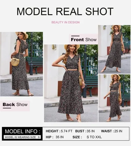 Vista 2 de Dokotoo Vestido bohemio para mujer, cuello en V profundo, 2 piezas, falda con volantes, manga casquillo, lazo en la cintura, vestido largo de gasa