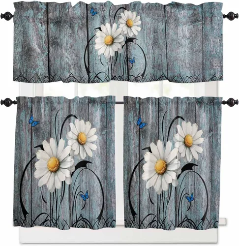 Vista 94 de Cortina de ventana ajustable con lazos para ventana, cenefa de cocina para sala de estar, arte abstracto, sol y arco iris, bolsillo para barra