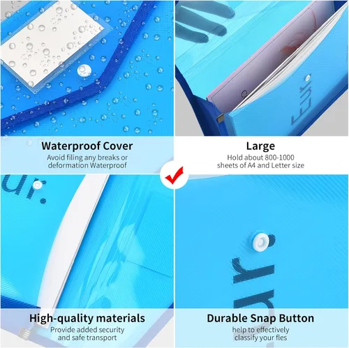 Vista 4 de Carpeta organizadora de documentos expandible con botón a presión, bolsa transparente impermeable para documentos, expansión de 2.8 pulgadas