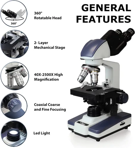 Vista 2 de Microscopio compuesto binocular Siedentopf VS-60B-RC, aumento 40X-2500X, oculares de campo ancho 10X y 25X, etapa mecánica de doble capa