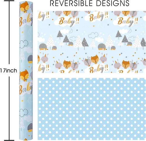 Vista 2 de Homeral Rollo de papel para envolver regalos azul para baby shower - Rollo mini - 17 pulgadas x 16.5 pies - Juego reversible de papel de regalo