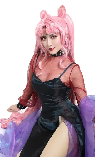 Vista 3 de miccostumes Peluca de pelo sintético largo de color rosa para mujer