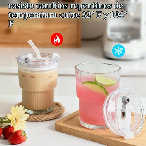 Vista 3 de Juego de 2 vasos de vidrio acanalado con tapas y pajitas de 13 onzas 2 unidades transparentes de 13 onzas