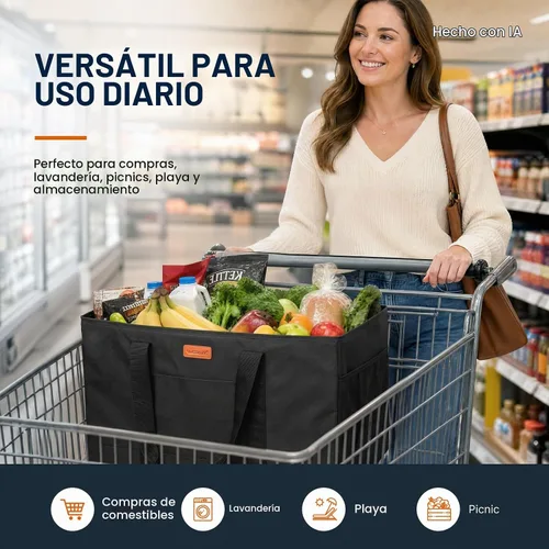 Vista 8 de Bolsa tote grande de WONDAY, bolsa de alimentos plegable y reutilizable, bolsa tote con asas, bolsa de la compra para alimentos, almacenamiento Negro