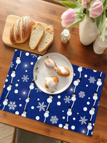Vista 4 de Juego de 4 manteles individuales de Navidad de muñeco de nieve azul para mesa de comedor, juego de 4 manteles de tela impermeables, manteles Navidad