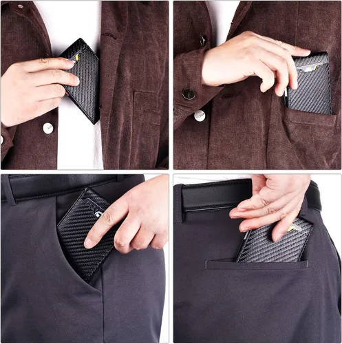 Vista 7 de Cartera plegable para hombre con clip para dinero bolsillo frontal minimalista de cuero con bloqueo RFID