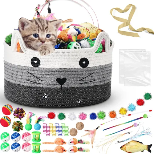 Vista 8 de Zopeal Juego de 76 cestas de almacenamiento para gatos, juguetes interactivos para gatos, varita para gatitos, bolas parpadeantes coloridas, bolas