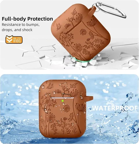 Vista 3 de Lerobo - Funda grabada con flores para el estuche de AirPods, protector suave de silicona con llavero, compatible con el estuche de carga de Apple