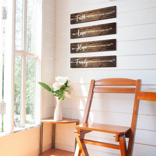 Vista 4 de 4 letreros de madera rústica con texto en inglés «Faith Love Hope», «Make All Things Possible», «Easy Work Living» para decoración de pared