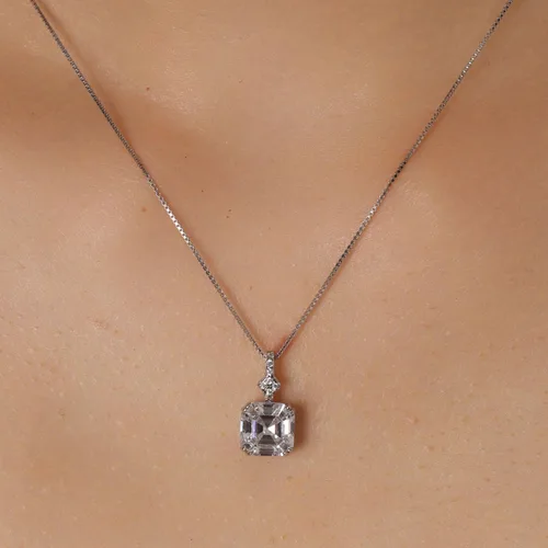 Vista 2 de Mints Collar con dije de morganita y corte Asscher de 2 quilates, plata de ley, joyería fina para mujer, Gema