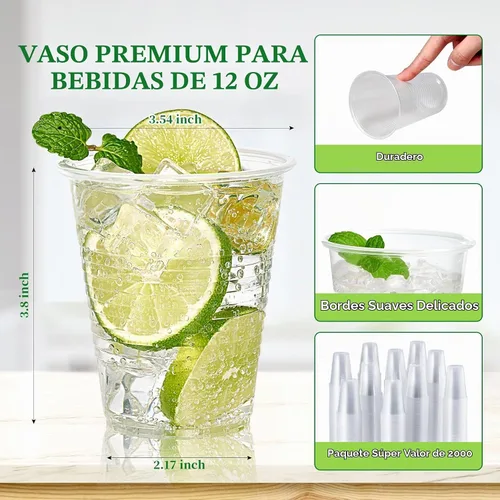 Vista 2 de Vplus 2000 Pack Vasos de Plástico Transparente de 12 onzas, Vasos Desechables de 12 onzas para Agua Fría, Vasos de Fiesta, Vasos de Plástico