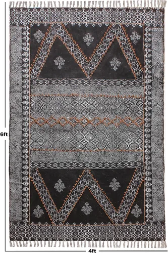 Vista 3 de Collection - Alfombra rectangular de algodón negro Dhurrie de 2 x 3 pies, alfombra geométrica Kilim para interiores y exteriores, alfombra de tejido