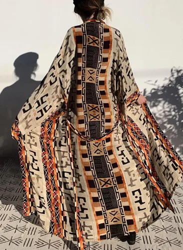 Vista 8 de RanRui Kimono de playa de gran tamaño con estampado Geometría de mujer Kimonos de rayón con cinturón para verano