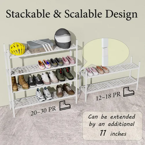 Vista 5 de Zapatero expandible organizador de zapatos de metal, 2 niveles apilable largo soporte de almacenamiento de zapatos para armario, piso, entrada
