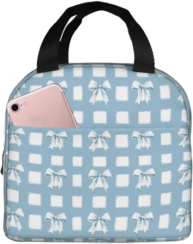 Vista 51 de Lonchera con diseño a cuadros azules aislada, bolsa térmica para almuerzo para adultos, niños, niñas, mujeres, oficina, trabajo, escuela, picnic