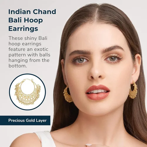 Vista 2 de Morgan Paige Bali Hoop Earrings For Women - Yellow 18k Gold Plated Hoop Earrings Ethnic Chandbali Earrings Indian Jewelry Handcrafted 12