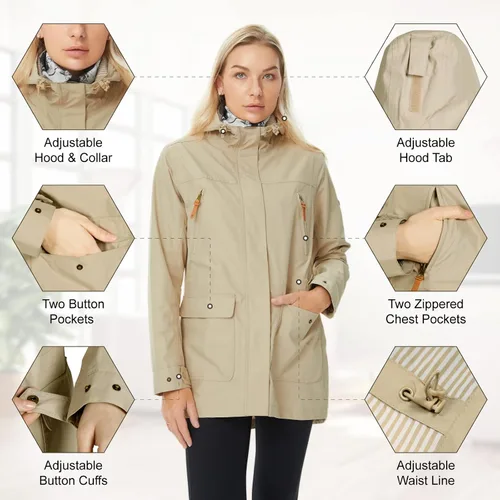 Vista 5 de ALPHA CAMP Chaqueta impermeable para mujer, rompevientos con capucha, ligera, suave, abrigos largos para lluvia