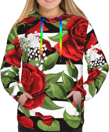 Vista 4 de BcoDoN Womens Rose Floral Black White Stripes Hoodies Sweatshirt Sports Pullover Tops For Ladies