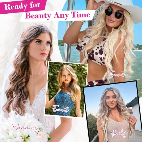 Vista 6 de REECHO Extensiones de cabello rubio, extensiones de una pieza con clip de 20" para mujer, extensiones de cabello sintético suave y natural con ondas