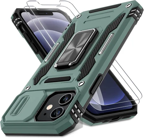Vista 13 de DEERLAMN Funda para iPhone 12/12 Pro con cubierta deslizante para cámara + protector de pantalla (2 unidades), soporte de anillo giratorio de grado