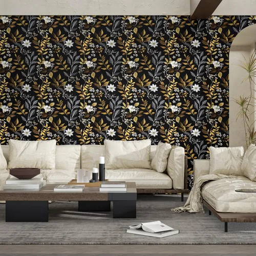 Vista 2 de Papel pintado floral dorado negro para pelar y pegar, papel pintado de hojas boho, papel de contacto botánico para gabinetes, vinilo autoadhesivo