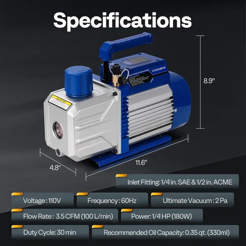 Vista 7 de VIVOHOME 110 V 1/4 HP 3.5 CFM - Juego de bomba aspiradora HVAC de una sola etapa y manómetro AC, motor sin chispas para sistemas R32 R1234yf R454B