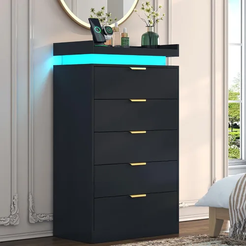Vista 10 de UNIQUITE Cómoda negra con luces LED y toma de corriente, cómoda alta de madera con 4 cajones para dormitorio, cómoda moderna para dormitorio