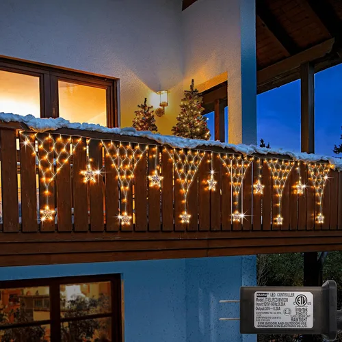 Vista 8 de DBFAIRY Red de luces de Navidad para exteriores, 207 luces LED de red de 13.1 pies de largo x 1.9 pies de alto, con 12 copos de nieve colgantes Copo