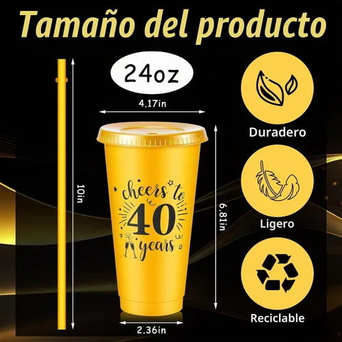 Vista 2 de Uiifan 12 vasos de plástico de plástico con tapa y popote de 24 onzas para cumpleaños, cumpleaños, bodas, aniversarios, decoración (40º)