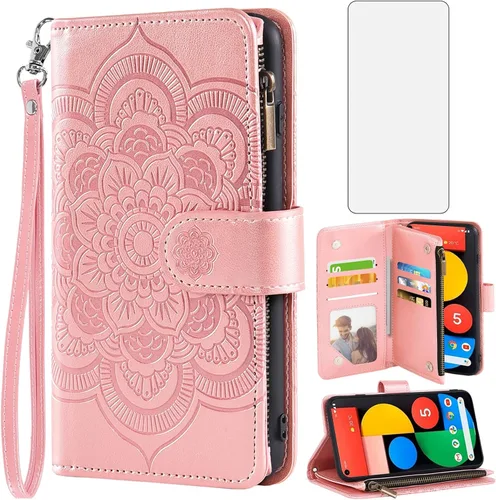 Vista 9 de Asuwish Funda de teléfono para Google Pixel 5 con protector de pantalla de vidrio templado y soporte de tarjeta de crédito de cuero con diseño