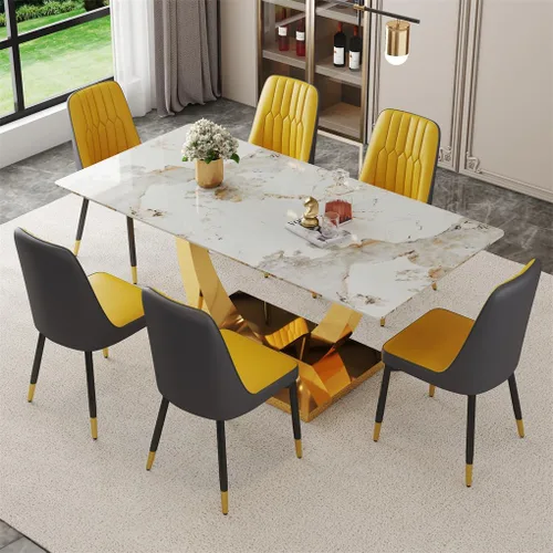 Vista 41 de Juego de mesa de comedor para 4, mesa de comedor de mármol sintético de 63 pulgadas con patas y base de acero inoxidable, sillas acolchadas