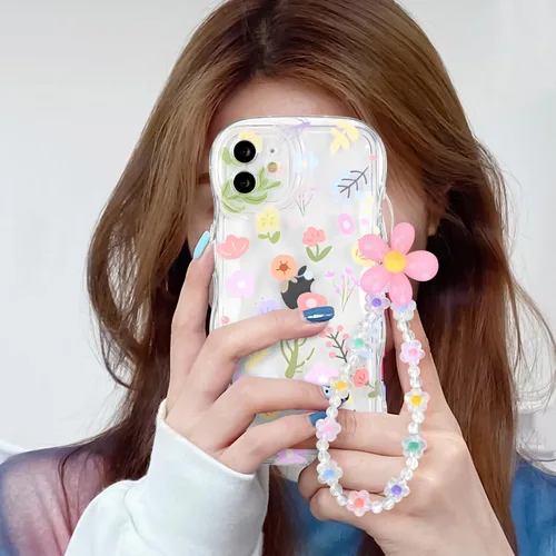 Vista 5 de Newseego Funda para iPhone 11, bonita funda transparente de flores coloridas y rizadas, con una bonita cadena de pulsera de flores para mujeres