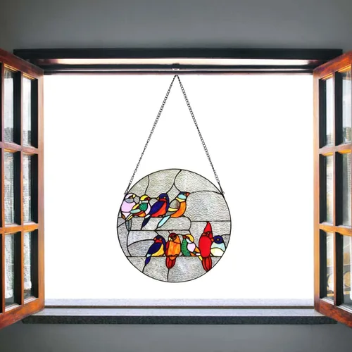Vista 2 de Bieye W10051 Tropical Birds Tiffany Style - Panel de ventana para decoración del hogar, forma redonda, 16 pulgadas de ancho