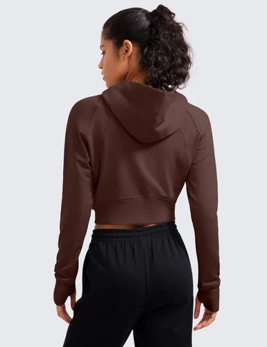 Vista 2 de CRZ YOGA Sudadera corta con capucha y cremallera completa para mujer, para entrenamiento, atlética, casual, manga larga, con agujeros para el pulgar