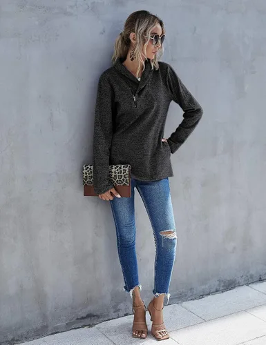 Vista 2 de Romanstii - Suéter con cremallera, con cuello vuelto, manga larga, con bolsillos, estilo informal, para mujer