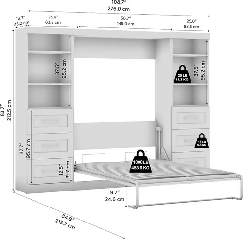 Vista 3 de BESTAR Pur - Cama Murphy completa y 2 estanterías con cajones, cama de pared que ahorra espacio de 109 pulgadas