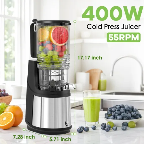 Vista 5 de EanOruus Cold Press Juicer, 5.8" Wide Feed Chute Juice Extractor Machine with 400W, High Juice Yield, Slow Masticating Juicer for Whole Vegetables &