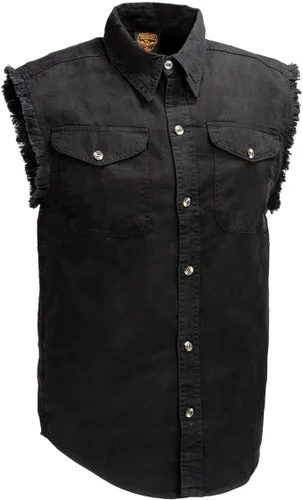 Vista 11 de Milwaukee Leather DM1002 Camisa vaquera ligera negra para hombre con corte deshilachado sin mangas