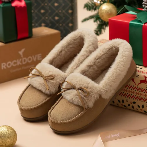 Vista 6 de RockDove Pantuflas tipo mocasín de microgamuza con forro de piel sintética para mujer