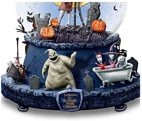 Vista 4 de The Bradford Exchange Globo musical con purpurina The Nightmare Before Christmas con base giratoria