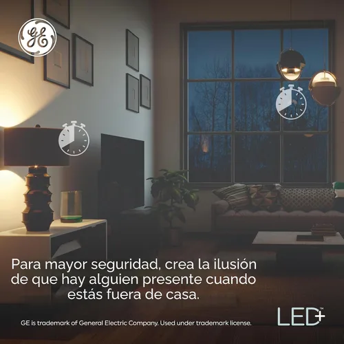 Vista 5 de GE LED+ Timer A19 - Bombillas LED, temporizador automático integrado para interiores, 8 W, blanco suave (paquete de 4) Built-in automatic timer