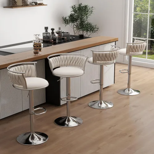 Vista 11 de Juego de 2 taburetes de bar giratorios de 360°, silla de bar de terciopelo ajustable a altura de mostrador moderna, taburete de metal plateado