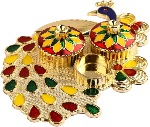 Vista 5 de SATVIK - Soporte para chawal/arroz Kankavati Thali Roli con tapa, soporte Kumkum Haldi Rakhi Pooja Thali Indian Festival Diwali Pujan Mandir Tika