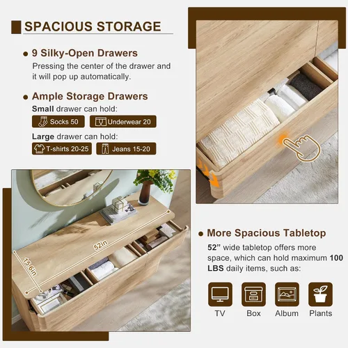 Vista 4 de ACCOHOHO Cómoda moderna de 9 cajones para dormitorio, cómodas de madera de 52" de ancho con gran almacenamiento, cajonera sin tiradores soporte