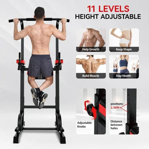 Vista 2 de Pooboo Power Tower Dip Station Pull Up Bar for Fitness Home Gym Workout,450 Pounds Multi-Function Adjustable Height Fitness Strength Training