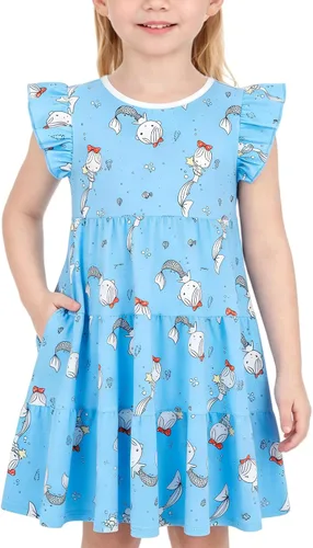 Vista 26 de Vestido casual para niñas, de algodón suave, manga corta, transpirable, acampanado, para adolescentes, talla 2T, 3T, 4T, 5, 6, 7, 8, 9, 10, 12, 13
