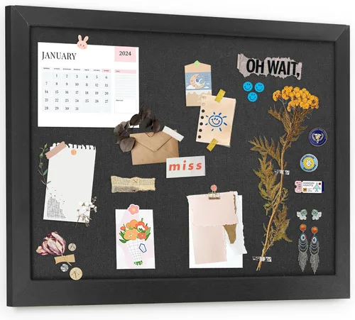 Vista 24 de AKTOP - Juego de 2 pizarras de corcho negro con lino de 16.7" X 11", pequeño tablero de anuncios con marco para pared, tablero decorativo